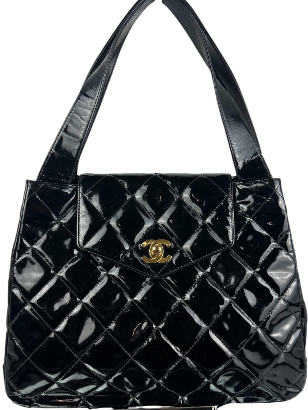 CHANEL Vintage Black Patent Leather Quilted Tote Shoulder Bag – Gold CC Turnlock